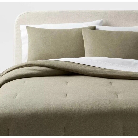 King Dark Olive Green Heather Jersey Comforter Set - Threshold Modern Design NEW - Picture 1 of 9